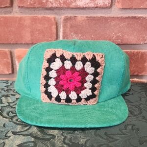 Teal Cap with Crochet Patch